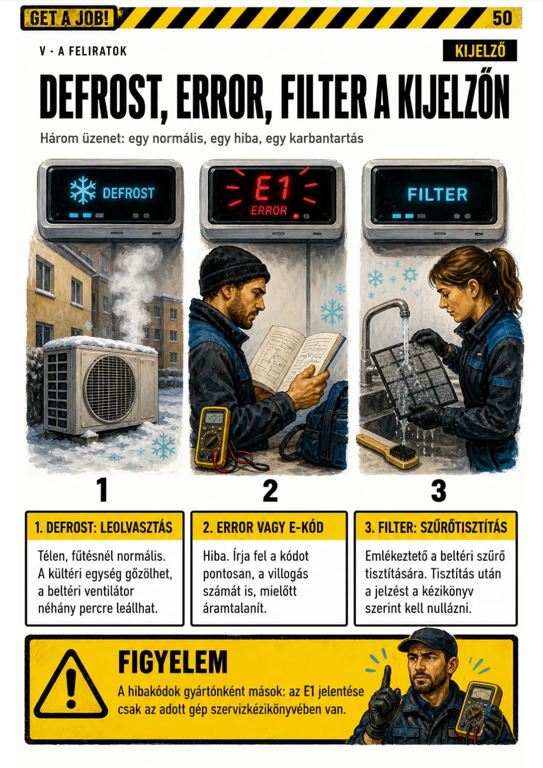 DEFROST = leolvasztás, ERROR = hiba, FILTER = szűrőtisztítás