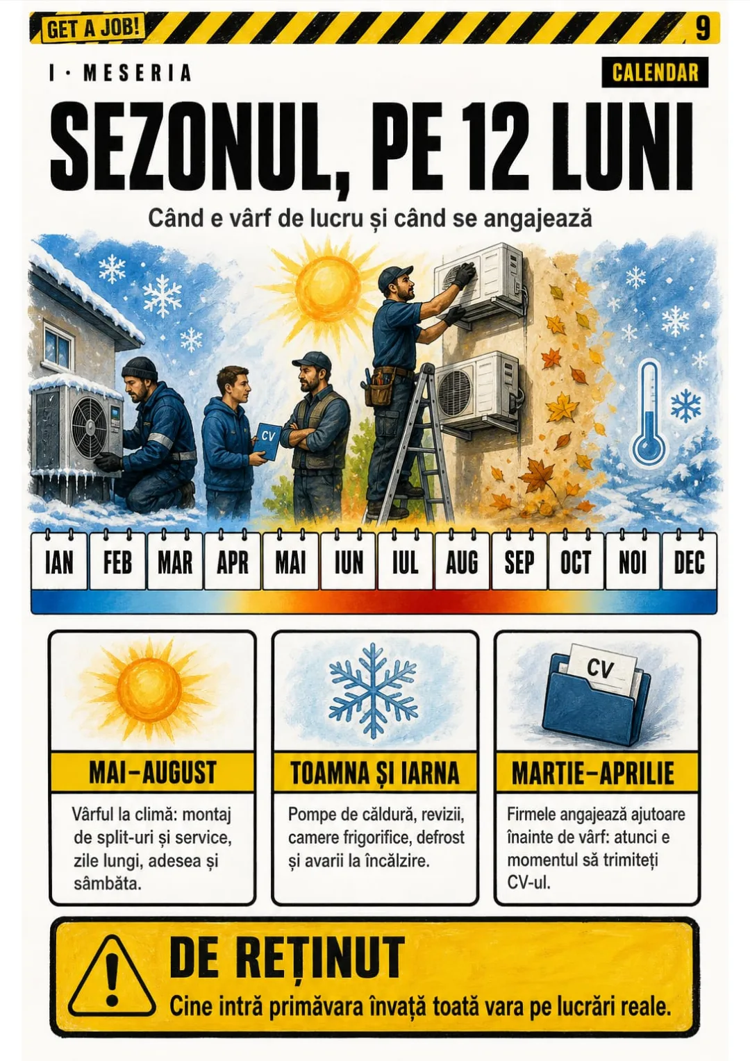 Calendarul meseriei: montaj mai–august, pompe de căldură iarna, angajări primăvara.