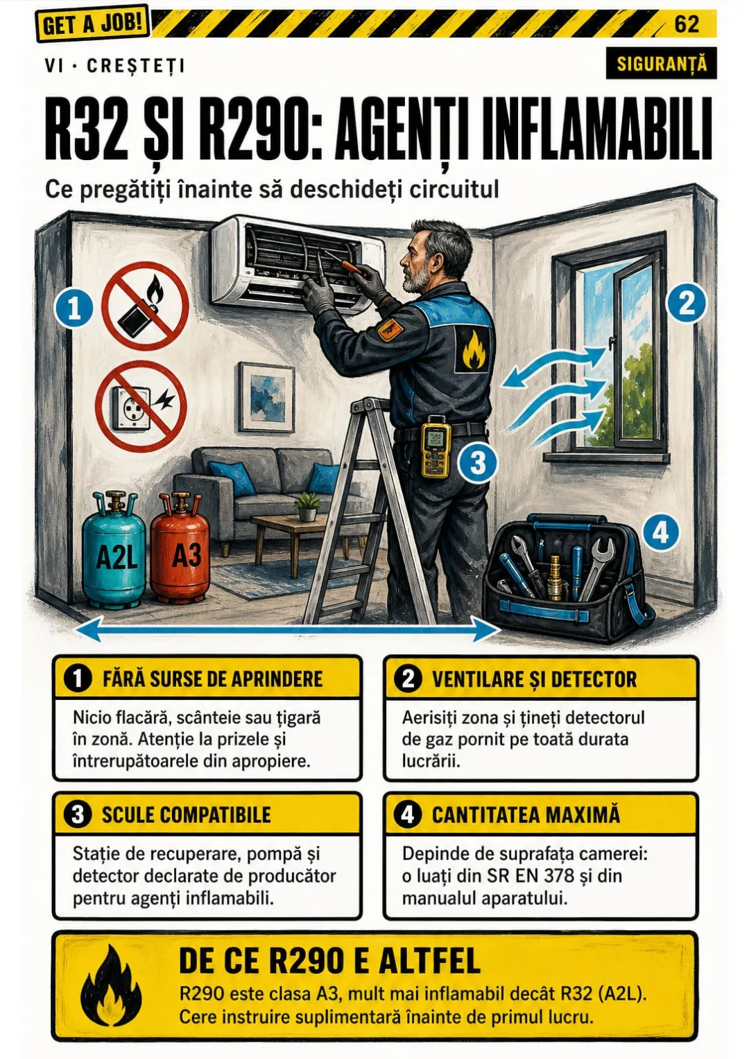R32 (A2L) și R290 (A3): fără aprindere, ventilare, detector, cantitate după SR EN 378.