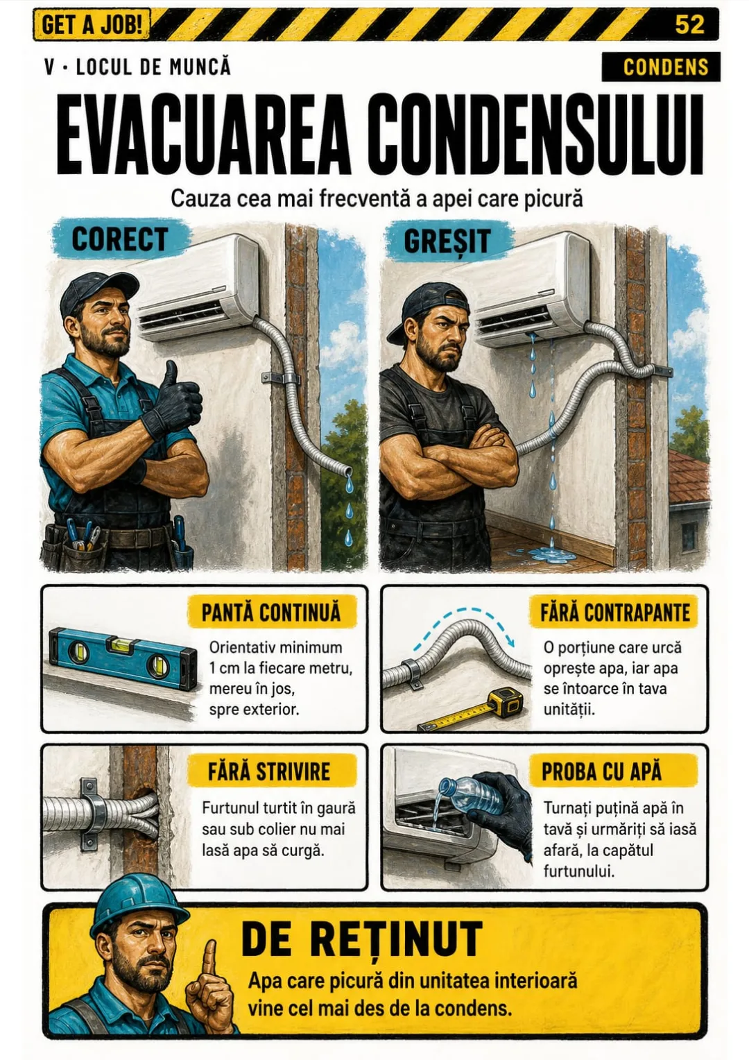 Condens: minimum 1 cm la metru, orientativ, mereu în jos, fără contrapante și fără strivire.